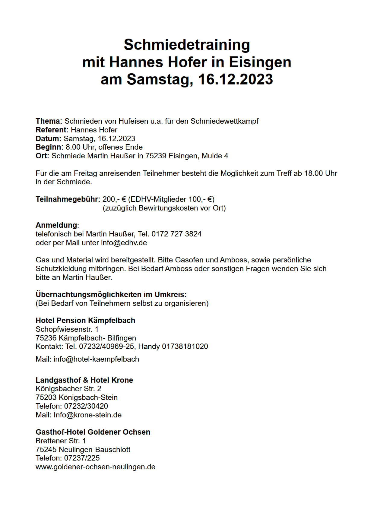 Hausse Schmiedetraining mit Hannes Hofer